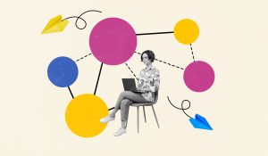 Collage,Portrait,Of,Black,White,Colors,Working,Girl,Sitting,Chair